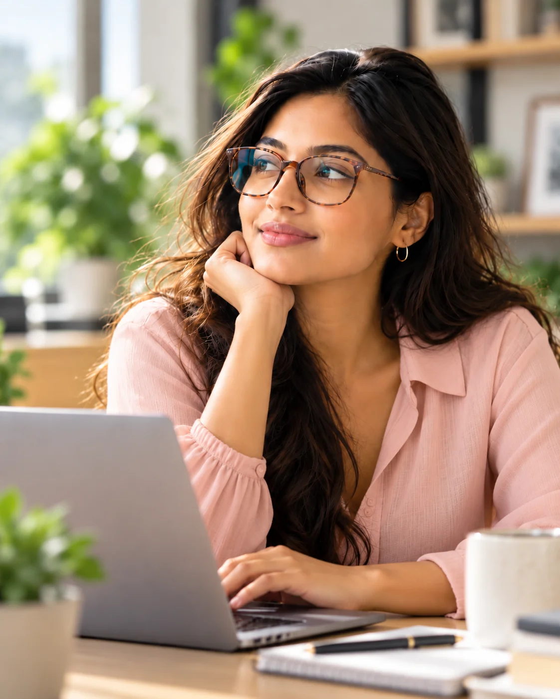 Woman wearing eyeglasses while working at a computer
